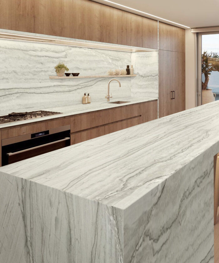 Calacatta Macaubas quartzite with soft grey veining kitchen benchtop and island in New Farm Brisbane QLD Australia