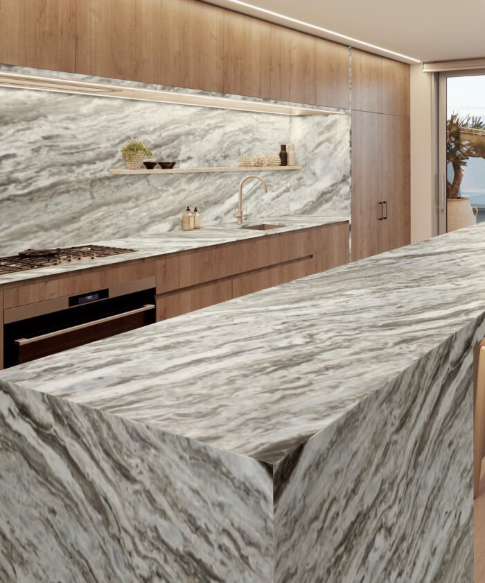 Fantasy Brown marble honed 30mm kitchen benchtop with warm brown and grey veining in Bulimba Brisbane QLD Australia