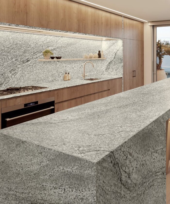 Icon White granite polished 20mm kitchen benchtop with subtle grey patterning in Ascot Brisbane QLD Australia