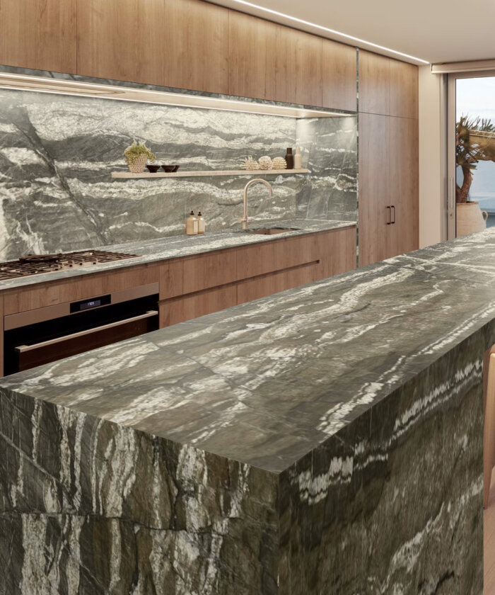 Matterhorn quartzite with dramatic grey and white veining kitchen benchtop and splashback in Noosa Heads Sunshine Coast QLD Australia