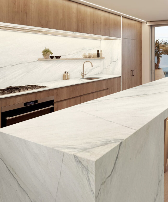 Meridian satin quartzite smooth honed kitchen island benchtop Burleigh Heads Gold Coast QLD Australia