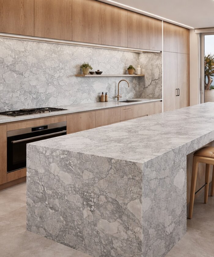 Super White Lunar dolomite honed natural stone kitchen island benchtop Mermaid Beach Gold Coast QLD Australia