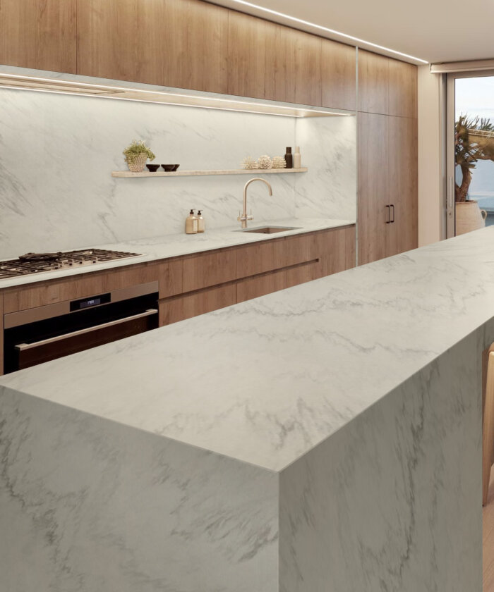Seamist marble with soft misty grey veining kitchen benchtop and splashback in Mermaid Beach Gold Coast QLD Australia