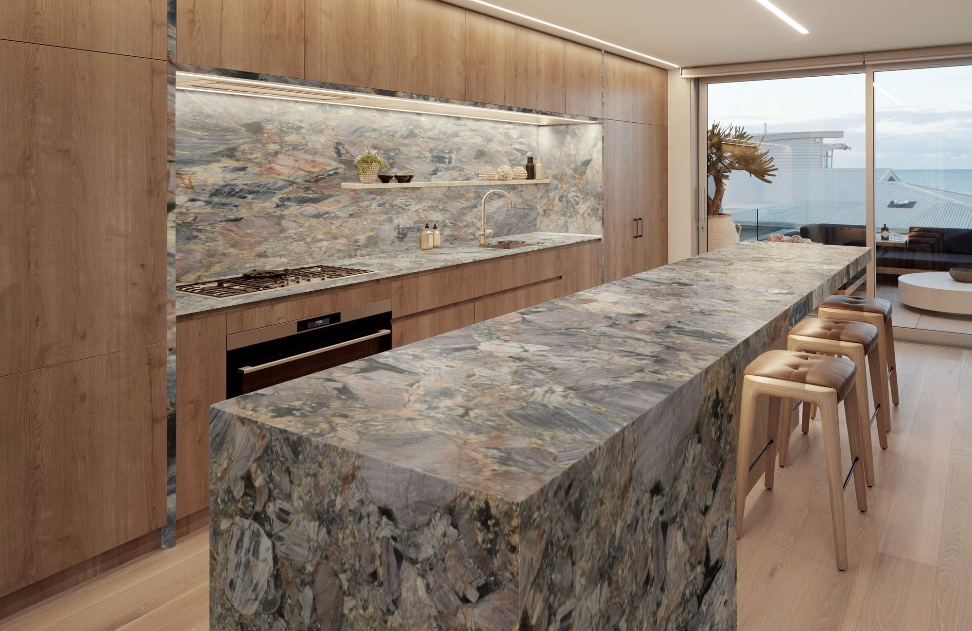 Marbella quartzite polished finish with soft pink blue green charcoal and off white tones slab detail in Paddington Brisbane QLD Australia