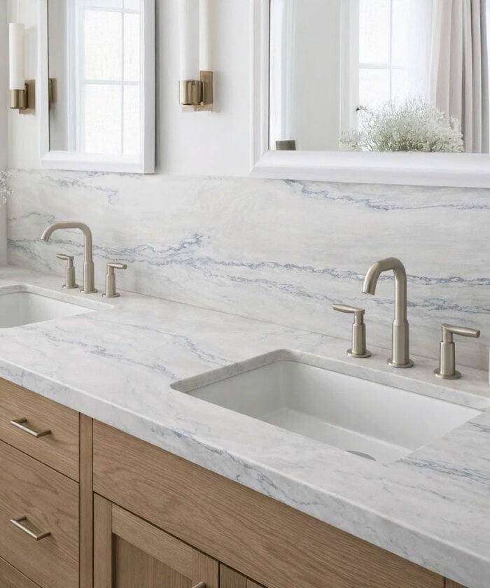 Macaubus Fantasy quartzite satin finish with soft white and grey veining bathroom double vanity and splashback in Hamilton Brisbane QLD Australia