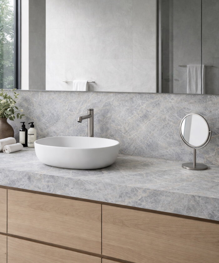 Blue Taj quartzite bathroom vanity with soft blue grey veining and integrated splashback in Minyama Sunshine Coast QLD Australia