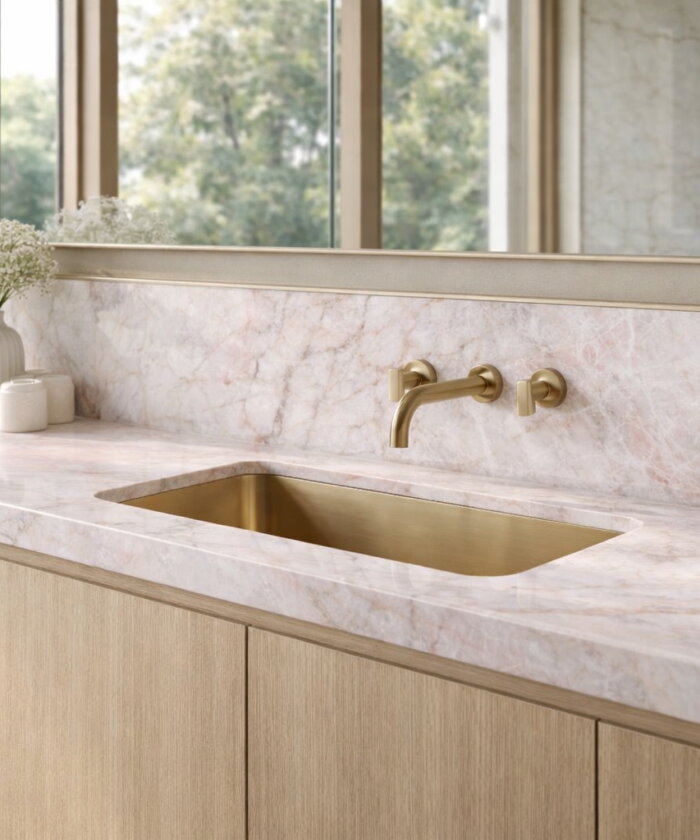 Pink Crystallo quartzite polished finish with soft blush tones bathroom vanity and splashback in New Farm Brisbane QLD Australia
