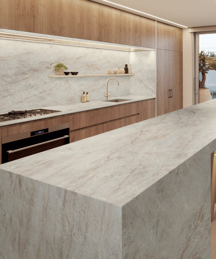 Naica quartzite honed kitchen island with waterfall edge and splashback in Mermaid Beach Gold Coast QLD Australia