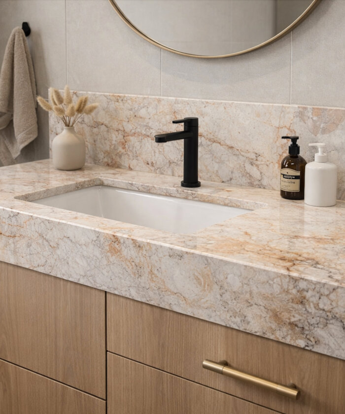 Splendido quartzite bathroom vanity with integrated sink and splashback featuring warm beige and creamy tones in Brisbane QLD Australia