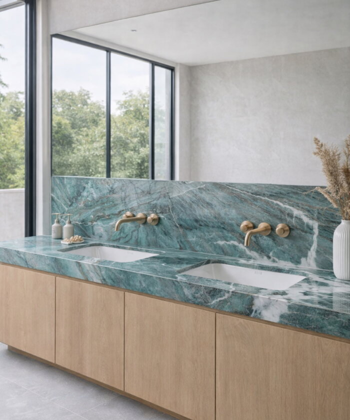 Laguna quartzite honed finish with green blue tones double sink bathroom vanity and splashback in Noosaville Sunshine Coast QLD Australia