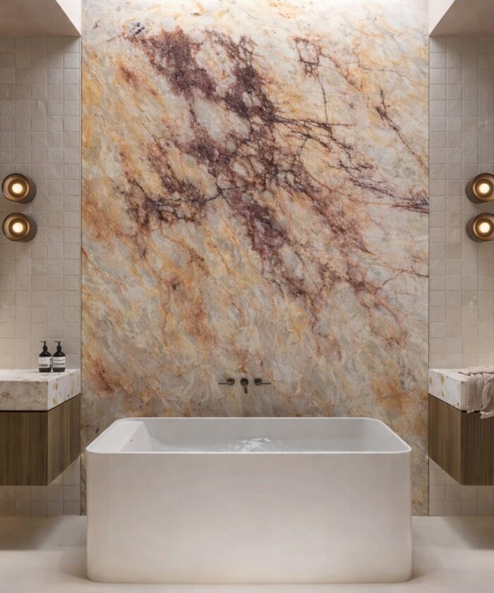 Crystallo Blush quartzite with soft pink translucent tones bathroom feature wall in Mermaid Beach Gold Coast QLD Australia
