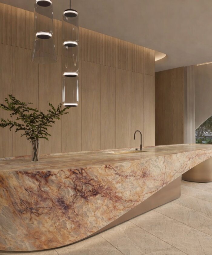 Crystallo Blush quartzite with soft pink tones kitchen benchtop and splashback in Sunshine Coast QLD Australia