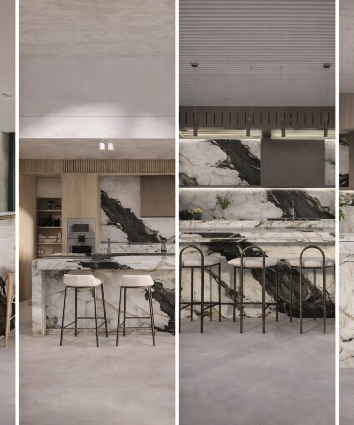 Macchia Vecchia marble with bold veining kitchen benchtop and splashback in New Farm Brisbane QLD Australia