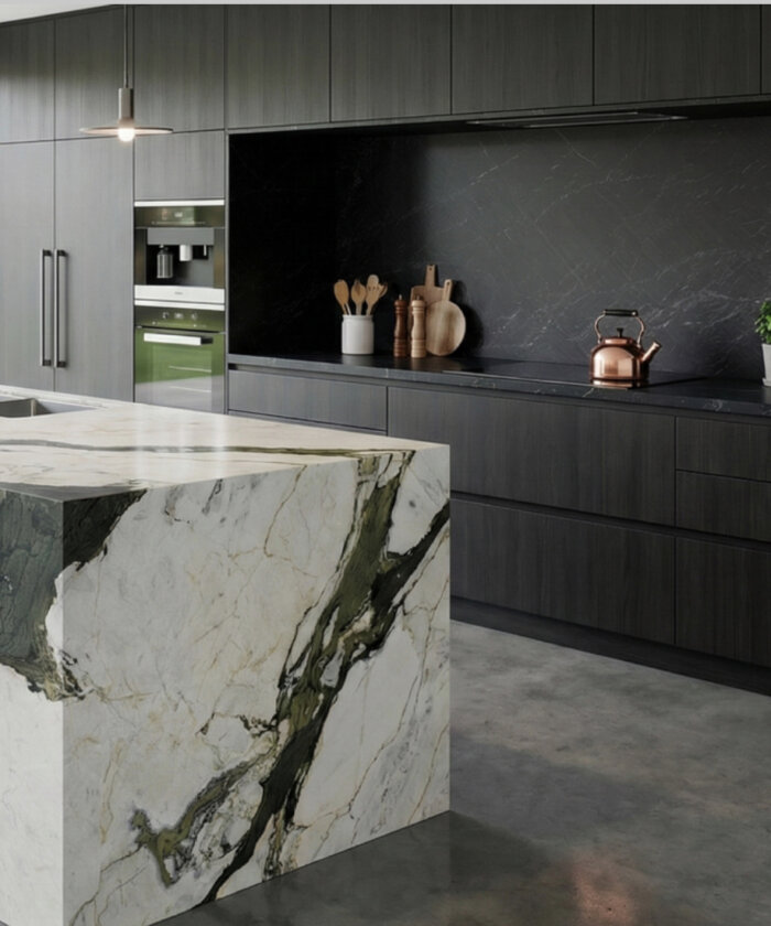 Macchia Vecchia marble with bold veining kitchen benchtop and splashback in New Farm Brisbane QLD Australia