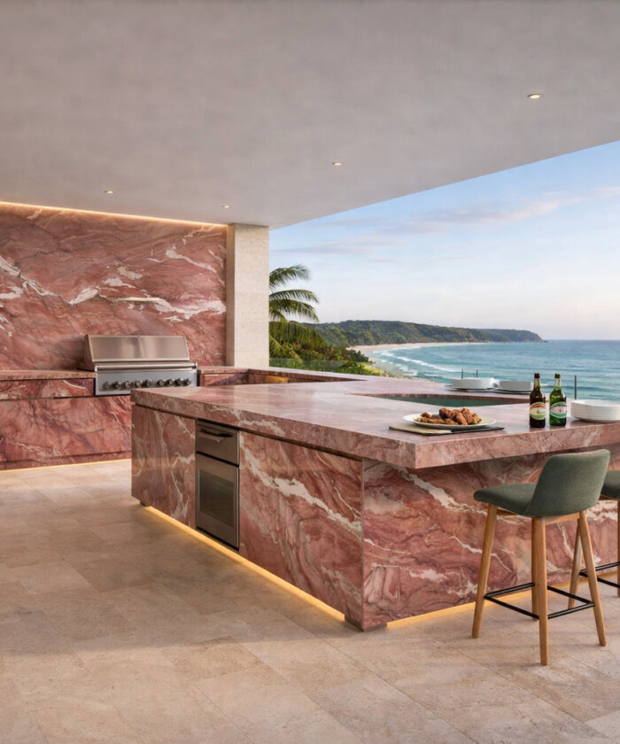 Revolution Wave quartzite with soft red and creamy white veining outdoor kitchen benchtop in Noosa Heads Sunshine Coast QLD Australia