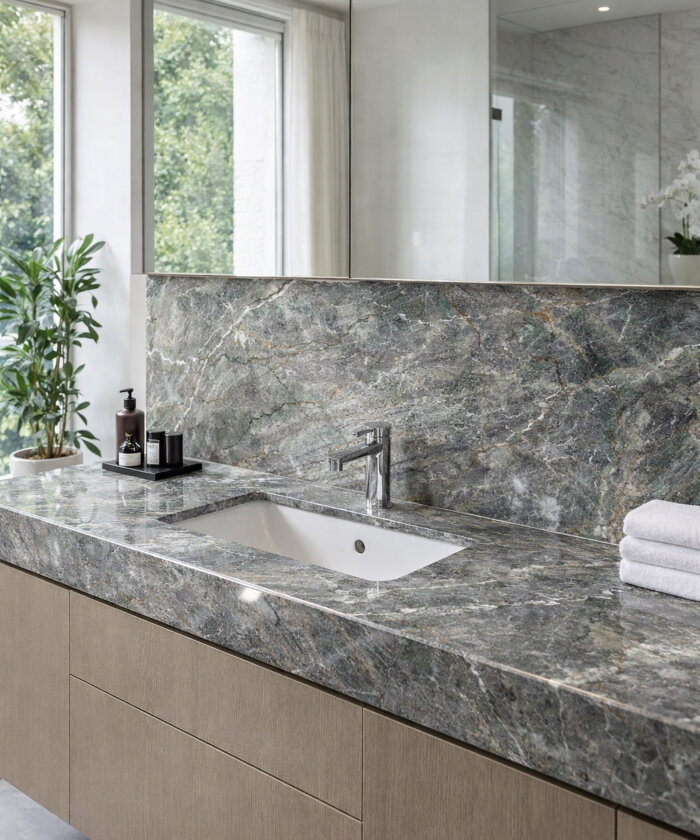 Bora Bora quartzite honed bathroom vanity with 450mm splashback and green grey veining in Broadbeach Waters Gold Coast QLD Australia