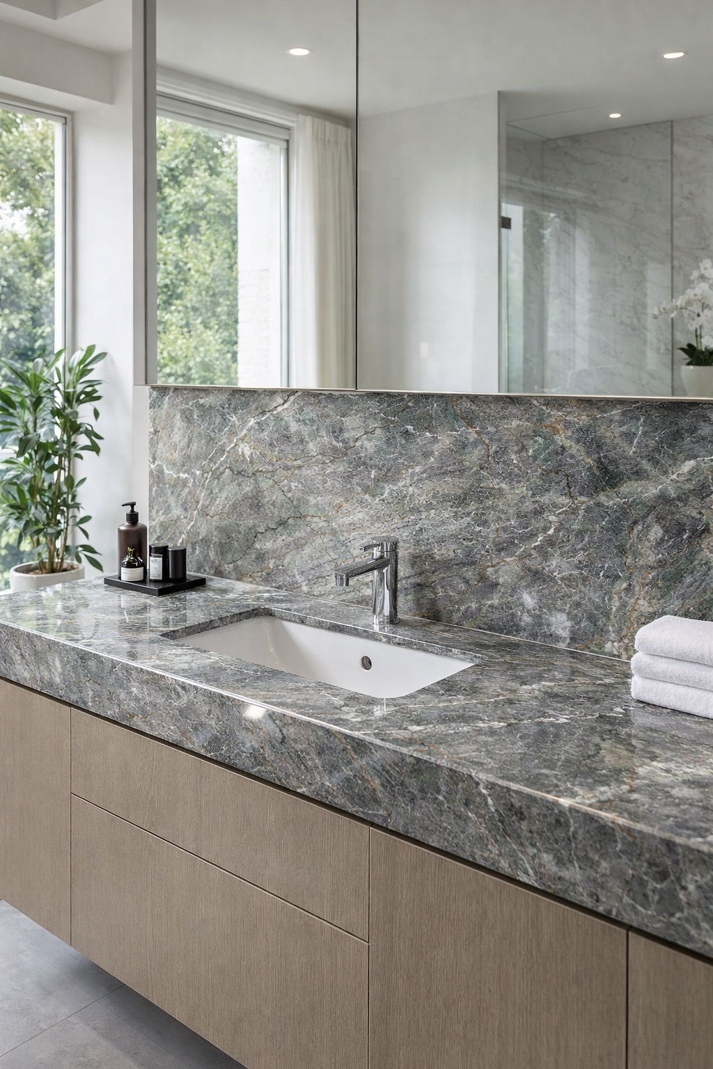 Bora Bora quartzite honed bathroom vanity with 450mm splashback and green grey veining in Broadbeach Waters Gold Coast QLD Australia